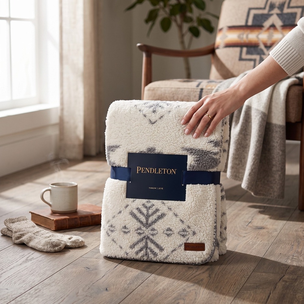 Pendleton Icon Sherpa Fleece Throw Blanket 50x70" Gray/Cream Reversible Design